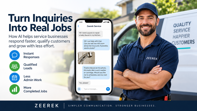 Zeerek Service AI-powered customer communication helping service businesses respond instantly, qualify leads, analyze customer photos, reduce administrative work, and turn inquiries into jobs.
