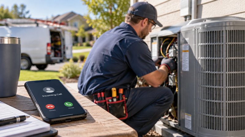 HVAC technician servicing an air conditioning unit while an incoming customer call goes unanswered