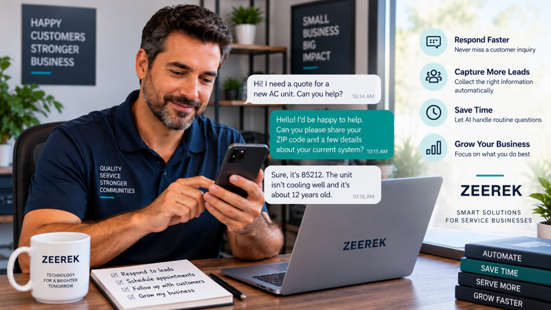 Zeerek Service AI-powered messaging helps a small business owner respond to customer inquiries, qualify leads, automate routine conversations, and grow their business.