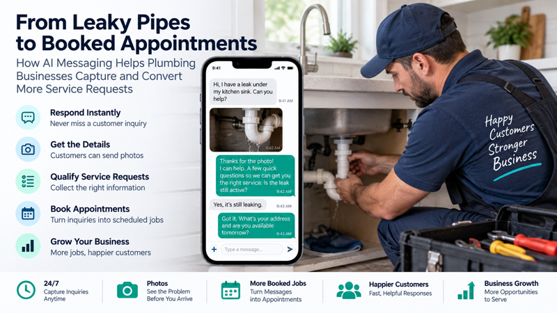 AI-powered plumbing customer messaging showing a plumber repairing a kitchen sink while an automated text conversation collects leak details, customer photos, and service appointment preferences.
