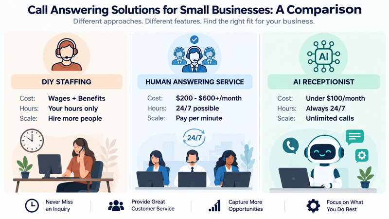 AI receptionist comparison showing a small business owner evaluating call handling, SMS messaging, lead qualification, integrations, pricing, and ease of use.